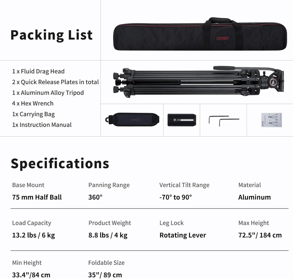 Video statiefsysteem, Cayer BV30L 72 inch- Professioneel Heavy Duty Aluminium Twin Tube Statief, K3 vloeistofkop, Mid-Level Spreader, Max Belasting 13.2 LB, DSLR Camcorder