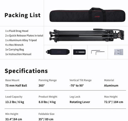 Video statiefsysteem, Cayer BV30L 72 inch- Professioneel Heavy Duty Aluminium Twin Tube Statief, K3 vloeistofkop, Mid-Level Spreader, Max Belasting 13.2 LB, DSLR Camcorder