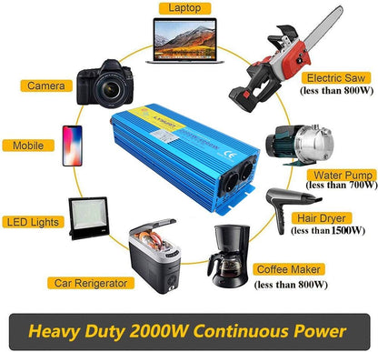 Pure Sine Wave Power Inverter 2000W DC 12V naar AC 240V converter met draadloze afstandsbediening & dubbele EU-stopcontacten voor RV Truck Car