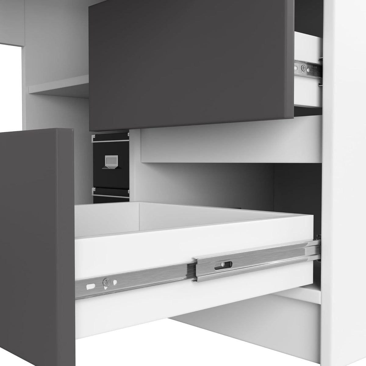 AKORD B-20 Corner Desk with 3 Drawers, 2 Shelves and a Door for Home and Office, 155 x 77 x 85 cm, 60 kg, White and Graphite Grey for - QUORE
