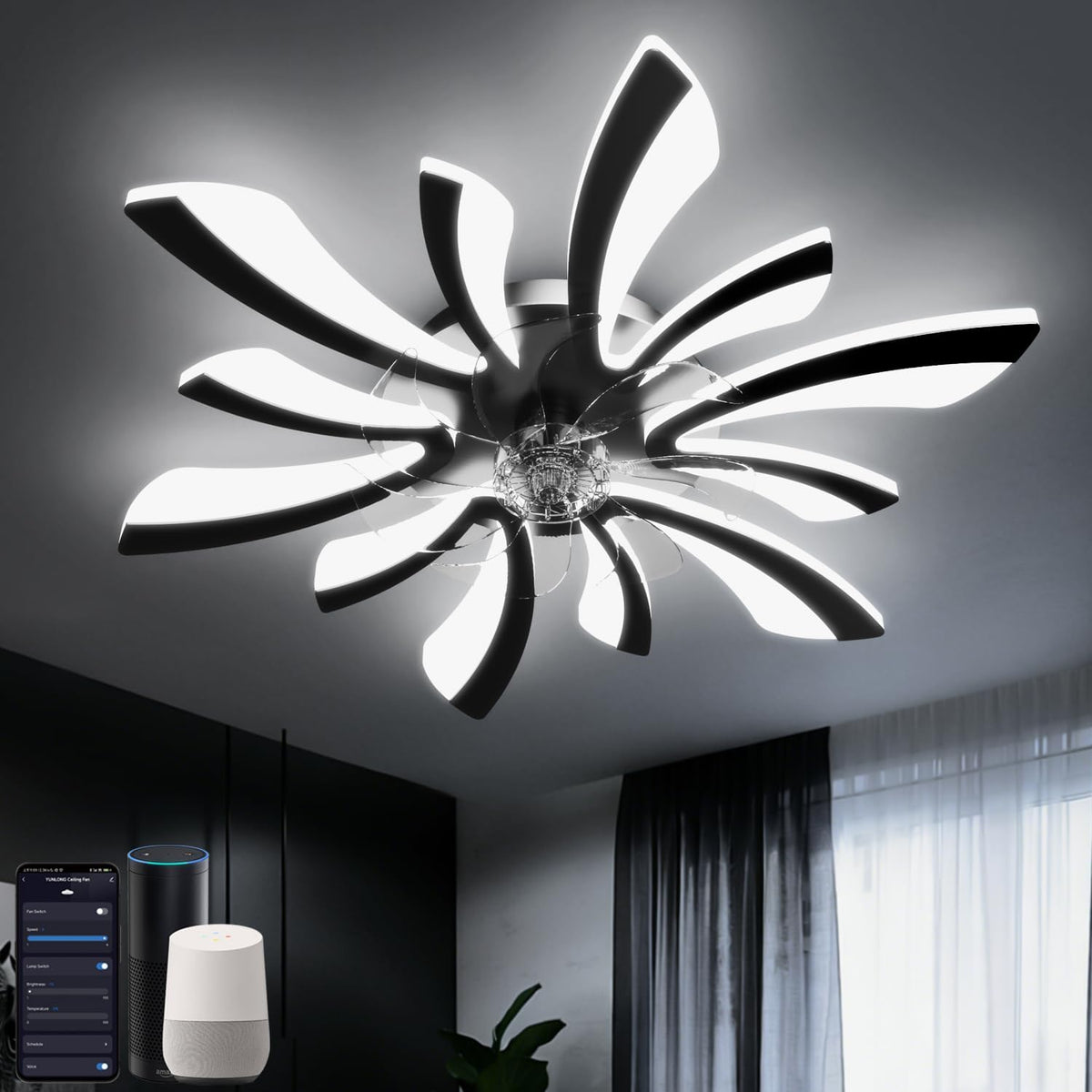 Slimme plafondventilatoren met verlichting, wifi-plafondventilatoren met lampen, compatibel met Alexa Google Home, spraak-/afstandsbediening/app-bediening, dimbaar, gelijkstroommotor, voor