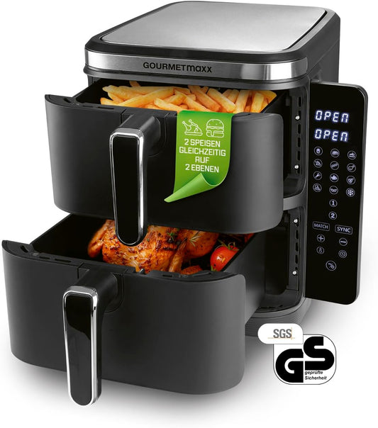 GOURMETmaxx FryUp Verticale heteluchtfriteuse, 10 liter, 4 gerechten op 4 niveaus, inklapbaar touchdisplay, 32% ruimtebesparend, heteluchtfriteuse, 2 kamers