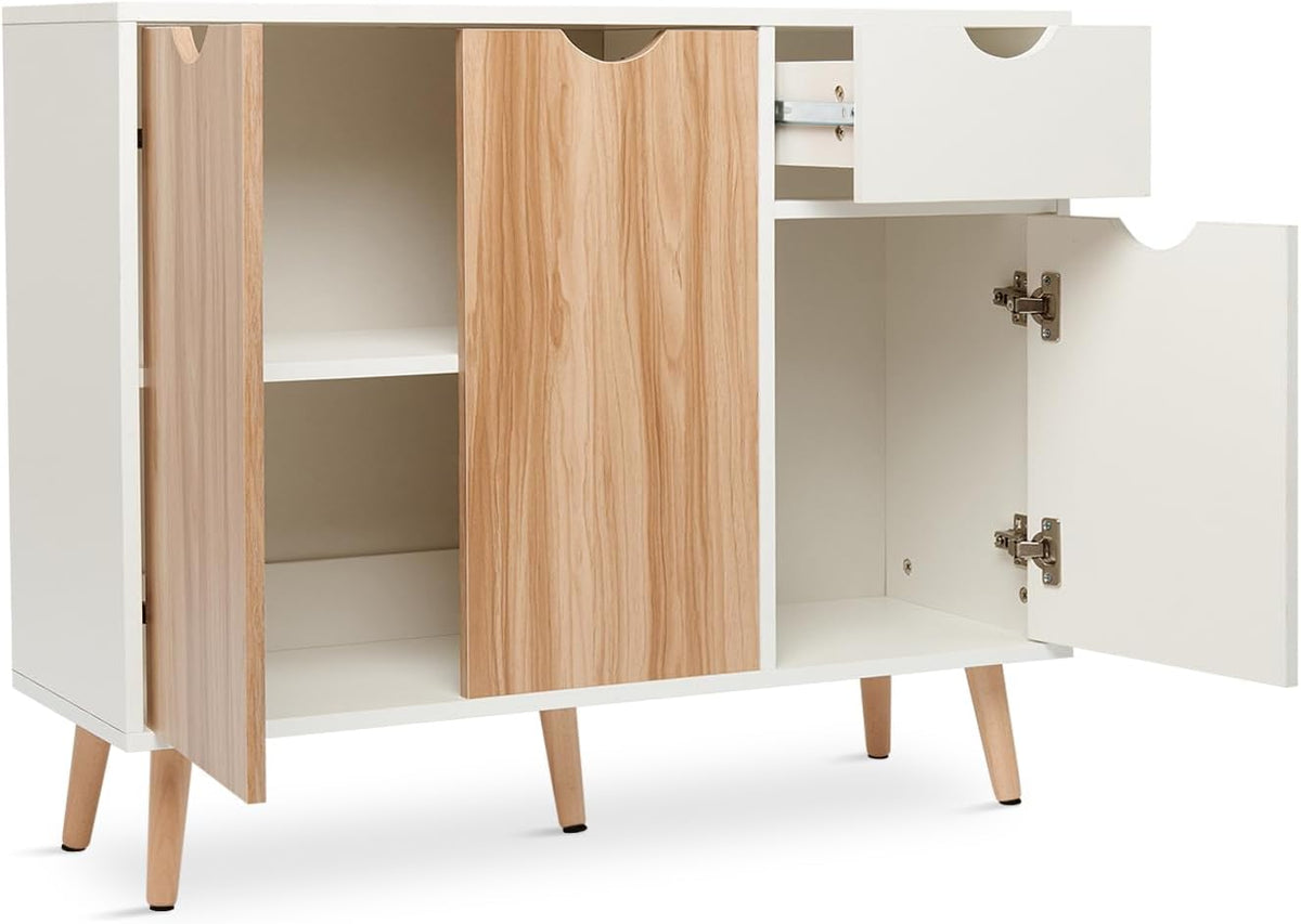 Mondeer Commode, dressoir hout met 1 lade en 3 deuren voor woonkamer slaapkamer hal, wit en natuur 90 x 30 x 73 cm