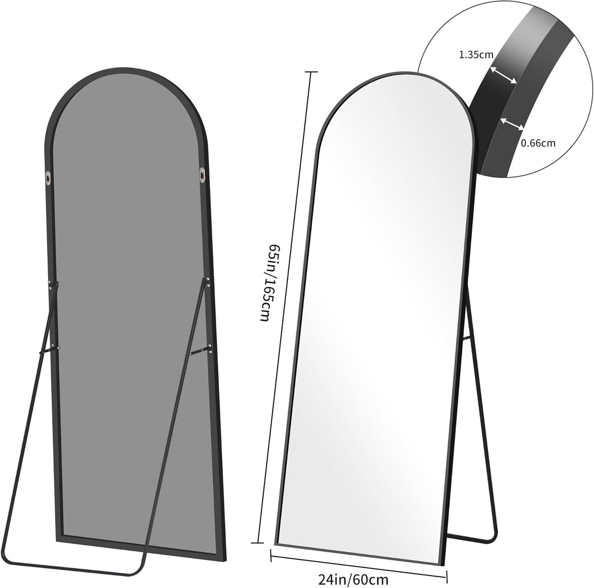 Gebogen spiegel – Vloerspiegel – Lichaamsspiegel – Staande spiegel – Full body spiegel – 165,1 x 61 cm – Aluminiumlegering frame