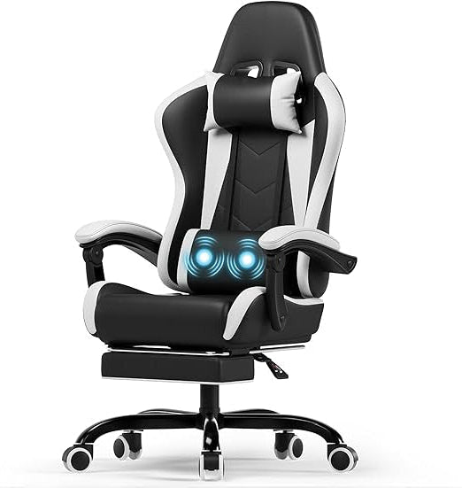 Gamingstoel – Gamestoel – Game Stoel – Gaming Chair – Bureaustoel – Massagefunctie – Inklapbare Voetensteun – Verstelbare Rugleuning – Max 150 kg – Wit