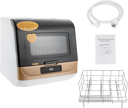 800 W Tabletop Dishwasher with 3 Programs for 12-20 Crockery Parts, 360° Spray Machine, Mini Dishwasher for Home, Motorhome, Gold