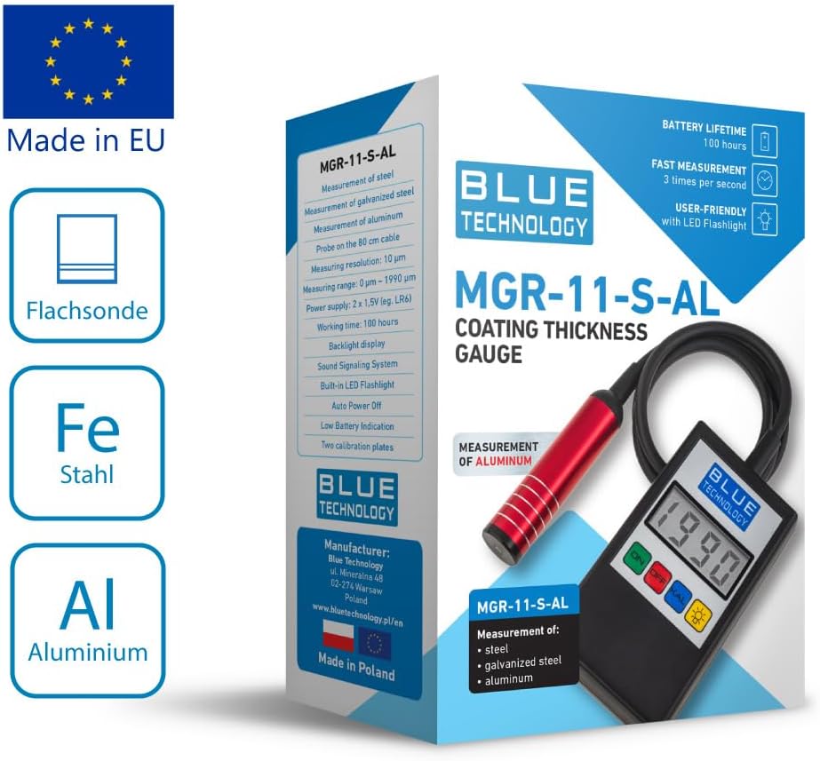 MGR-11-S-AL Laagdiktemeter voor auto | lakdiktemeter voor staal en aluminium carrosserieën | lakmeter met platte sonde op de kabel | laktester meetbereik tot 1990 µm | Made EU