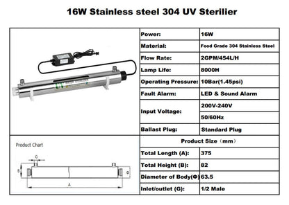 16 W UV-waterdesinfectiesysteem van roestvrij staal 304 UV-sterilisator, 2GPM ultraviolet licht waterfilter, LED & geluidsballast alarmerend, voeg extra 1 stuk UV-lamp toe