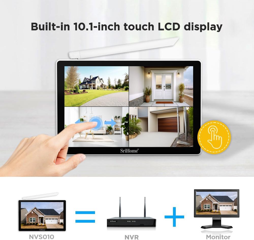 SriHome WiFi videobewakingsset, 4 camera's 5 MP, monitor 10,1 inch, nachtzicht, bewegingsdetectie, afstandsbediening