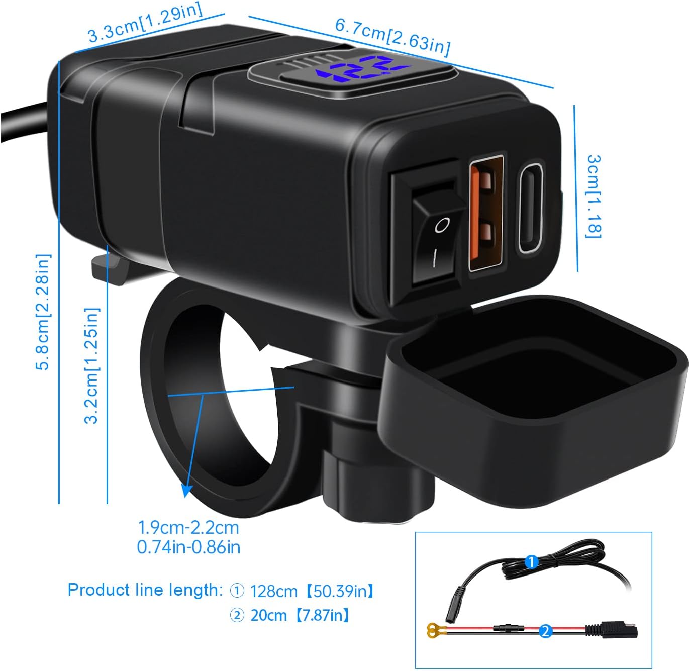 USB-stopcontact voor motorfiets, 18 W, QC3.0, 30 W, PD, USB-oplader voor motorfiets, waterdicht, snel opladen met schakelaar en led-voltmeter, USB-stuur voor marine, auto, camper, SUV