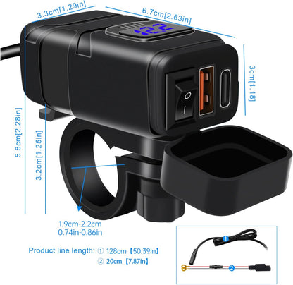 USB-stopcontact voor motorfiets, 18 W, QC3.0, 30 W, PD, USB-oplader voor motorfiets, waterdicht, snel opladen met schakelaar en led-voltmeter, USB-stuur voor marine, auto, camper, SUV