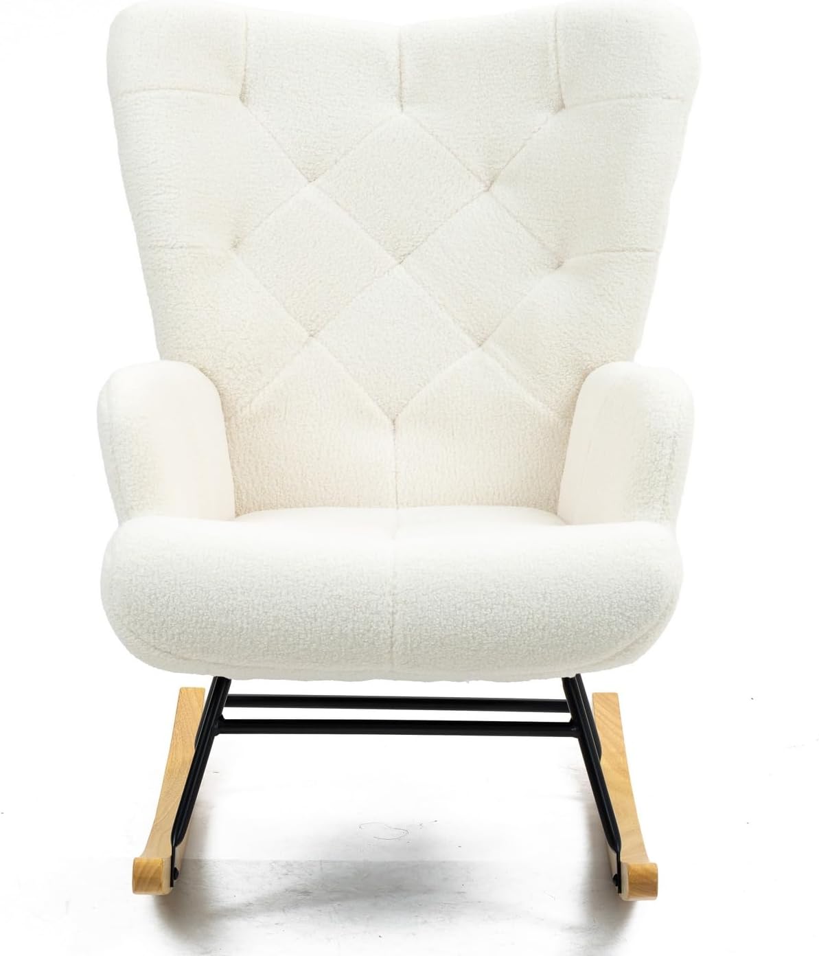 WeHome - Gestoffeerde schommelstoel met armleuningen, relaxstoel voor binnen, schommelstoel van hout en metaal met veelkleurige overtrek, 96 x 66 x 90 cm (bouclé, crème)