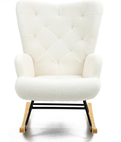 WeHome - Gestoffeerde schommelstoel met armleuningen, relaxstoel voor binnen, schommelstoel van hout en metaal met veelkleurige overtrek, 96 x 66 x 90 cm (bouclé, crème)