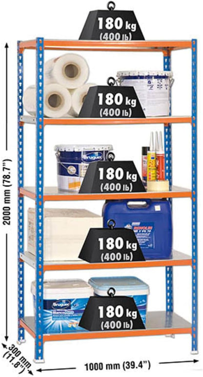 Simon Rack Stellingkast Metaal, 2000x1000x300 mm, Buigpunt 180, 5 Verstelbare Niveaus, Metalen Planken, Robuust Opslagrek voor Garage, Kelder en Werkplaats, Blauw/Oranje/Gegalvaniseerd – SimonClick