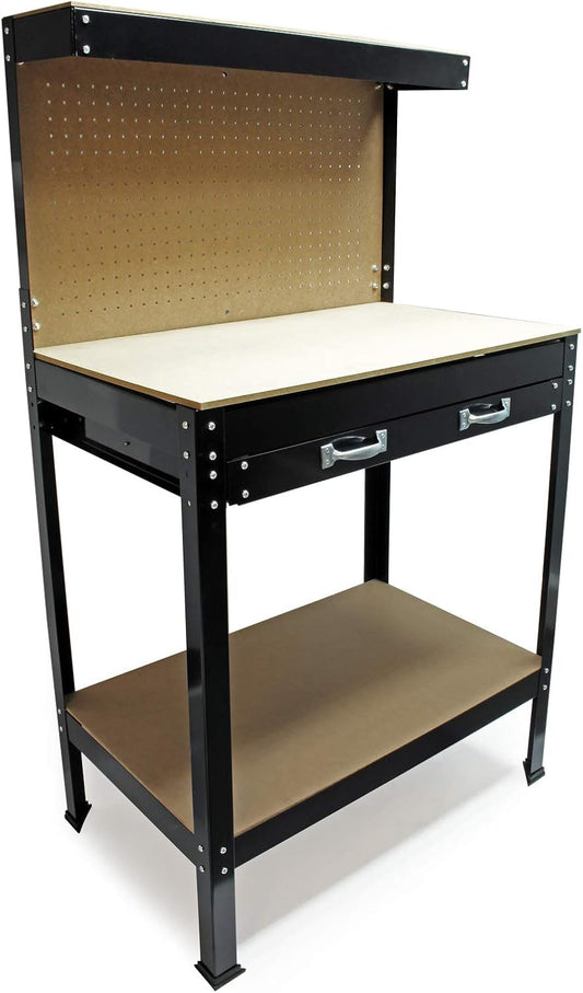 Werkbank 1150x550x1400 mm met gatenwand en ophanghaken, groot MDF-werkblad en stalen frame