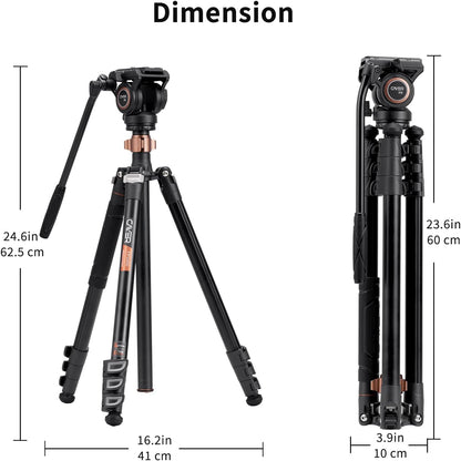 Cayer Aluminium videostatief, 75 inch, 4-delig, vloeistofkop, 6 kg draagvermogen, zilver, DSLR-camera, camcorder