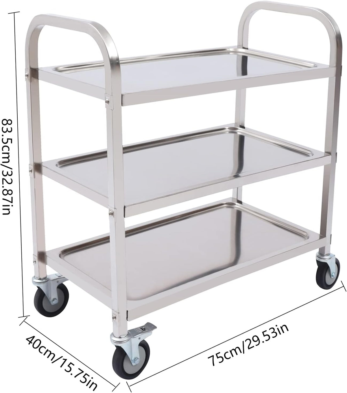 Stainless Steel Serving Trolley, 3 Shelves, Kitchen Trolley, Countersunk Trolley 4 360° Rotatable Welding Wheels (2 x Brakeable), Roll Shelf, 25 kg Load Capacity Suitable for Dining Room, Kitchen (75 - QUORE