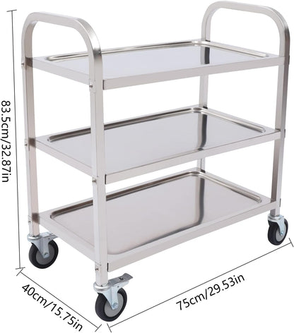 Stainless Steel Serving Trolley, 3 Shelves, Kitchen Trolley, Countersunk Trolley 4 360° Rotatable Welding Wheels (2 x Brakeable), Roll Shelf, 25 kg Load Capacity Suitable for Dining Room, Kitchen (75 - QUORE