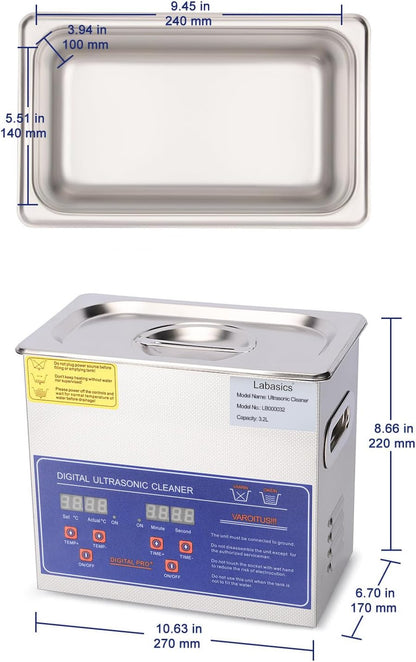 Labasics Ultrasoon Reiniger, Professionele All-purpose RVS Ultrasoon Reiniger met Digitale Display Timer en Warmteregeling voor Laboratorium 220V, 3.2 L