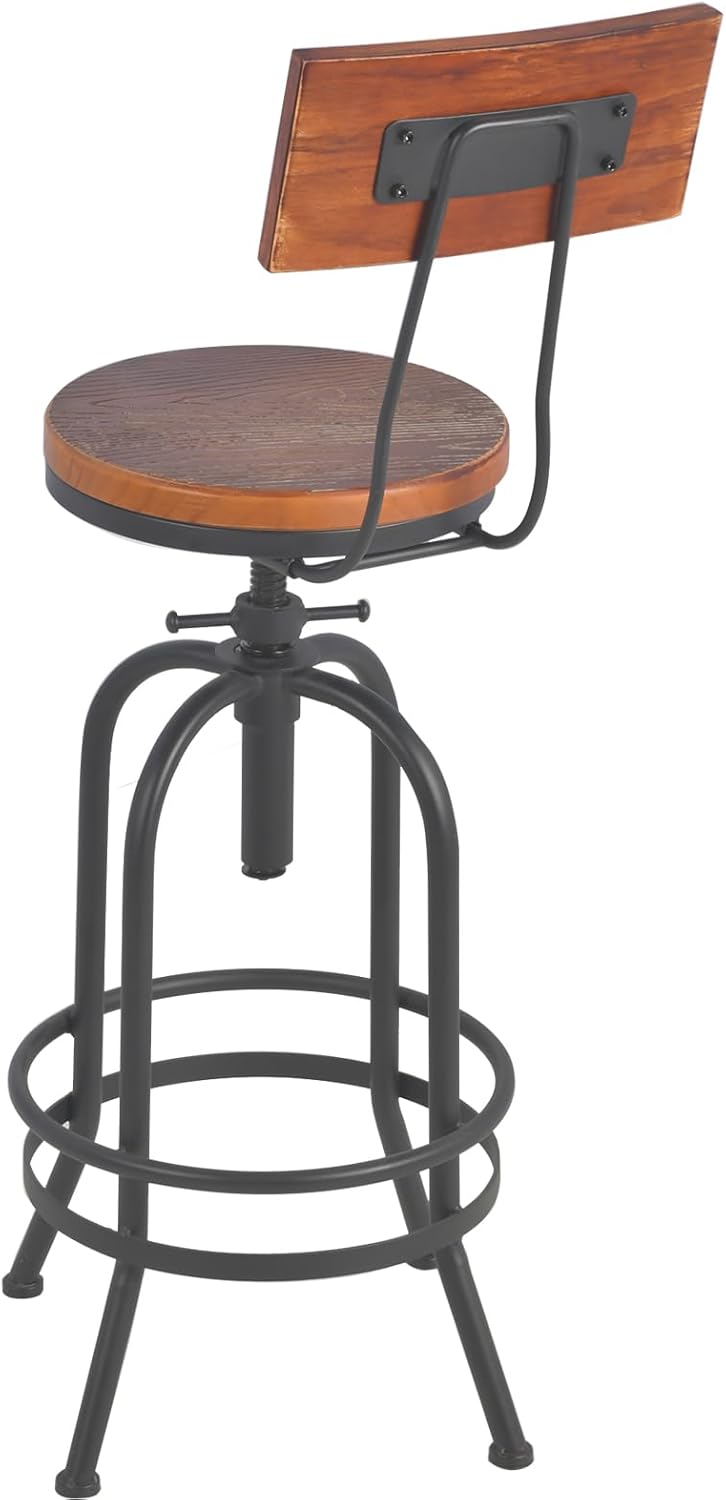 Set van 2 industriële barkrukken met rugleuning, draaibare houten zit-bar in hoogte verstelbaar 26-32 inch keuken eiland eetkamerstoel