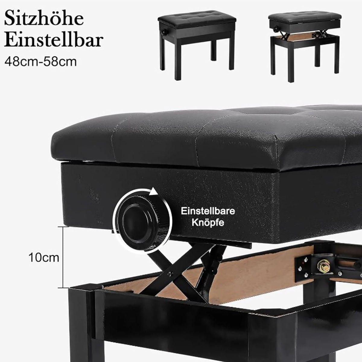 Piano zitbank 56 x 33,5 x 58 cm Verstelbare hoogte met PU leder Gepolsterde zitkussen Opbergruimte Smaak Afbergvak Hocker Zwart