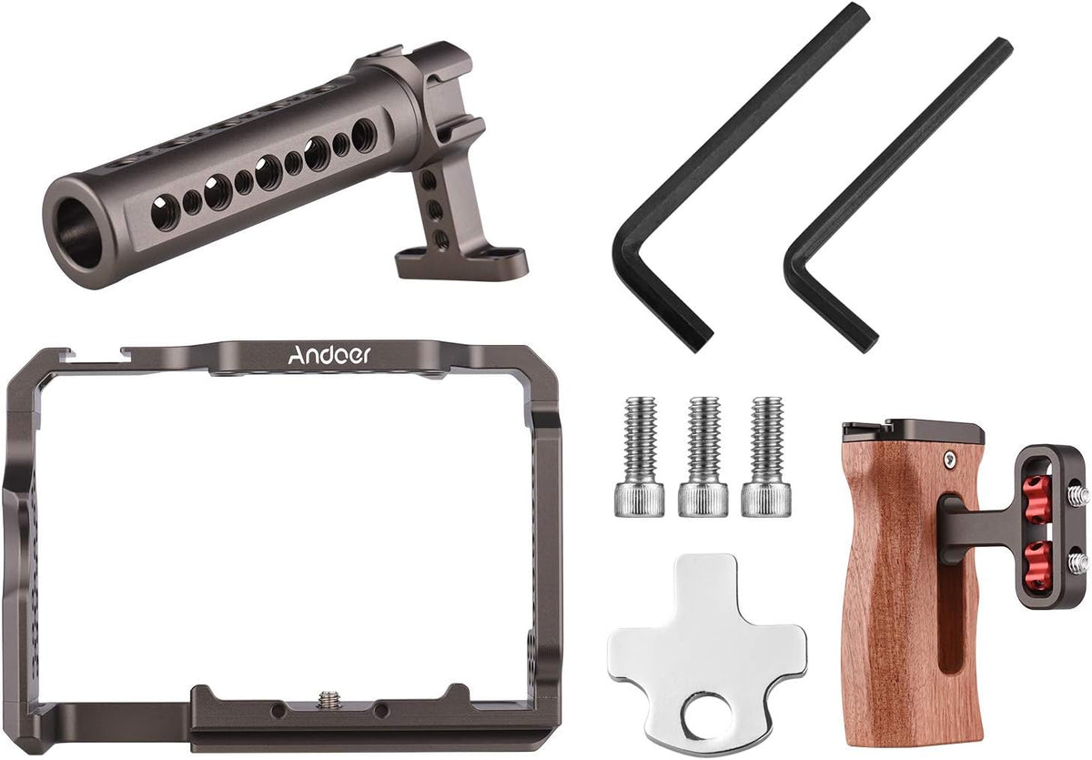 Andoer Camera Rig Vervangingsset van aluminiumlegering met houten handvat aan de bovenkant van de video voor Sony A7R III, A7 II, A7III