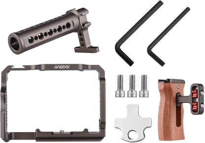 Andoer Camera Rig Vervangingsset van aluminiumlegering met houten handvat aan de bovenkant van de video voor Sony A7R III, A7 II, A7III