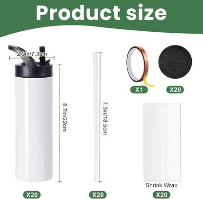 20oz Sublimation Cup for Heat Press Machine, 20 Sublimation Cup Blank Set, Double Wall Insulation, with Lid & Straw, Suitable for Mountain Climbing, Work, and Travel, (20PCS)