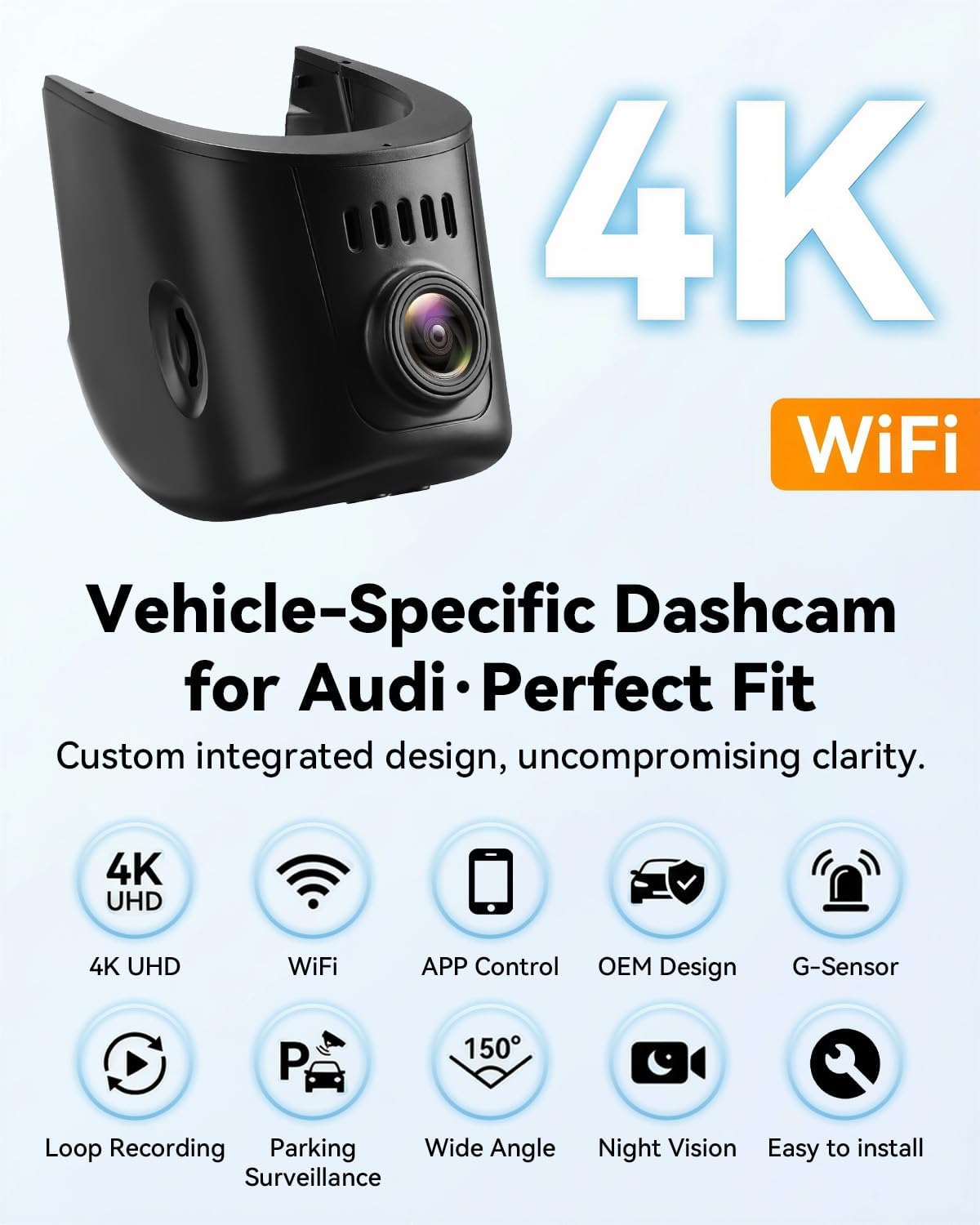 SIXWIN 4K dashcam, compatibel met Audi A4, A6, A3, A5, Q5, S4, S6, Q7, A8, S8, TT, A7, S5, Q3, S3, S7, RS3, RS5, RS6, e-tron, UHD 2160P wifi en app, autocamera, nachtzicht, G-sensor, loop-opname, 150°