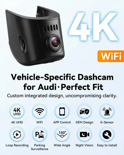 SIXWIN 4K dashcam, compatibel met Audi A4, A6, A3, A5, Q5, S4, S6, Q7, A8, S8, TT, A7, S5, Q3, S3, S7, RS3, RS5, RS6, e-tron, UHD 2160P wifi en app, autocamera, nachtzicht, G-sensor, loop-opname, 150°