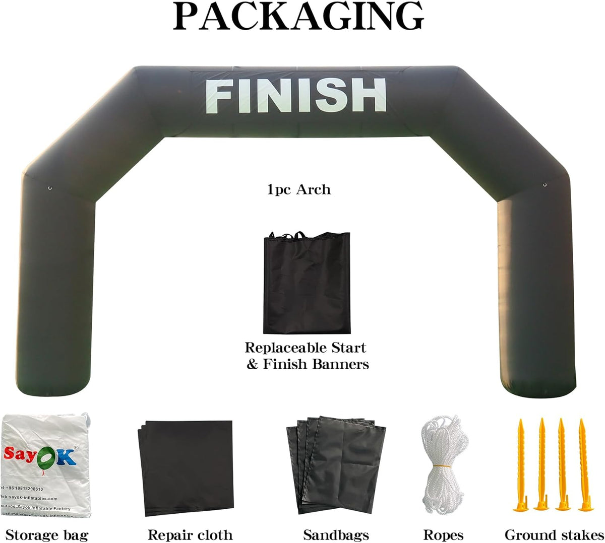SAYOK Opblaasbare boog voor buiten, opblaasbare boog Archway Start opblaasbare aankomstlijn, banner, raceboog met beluchter voor reclameevenementen (zwart, 6 m)