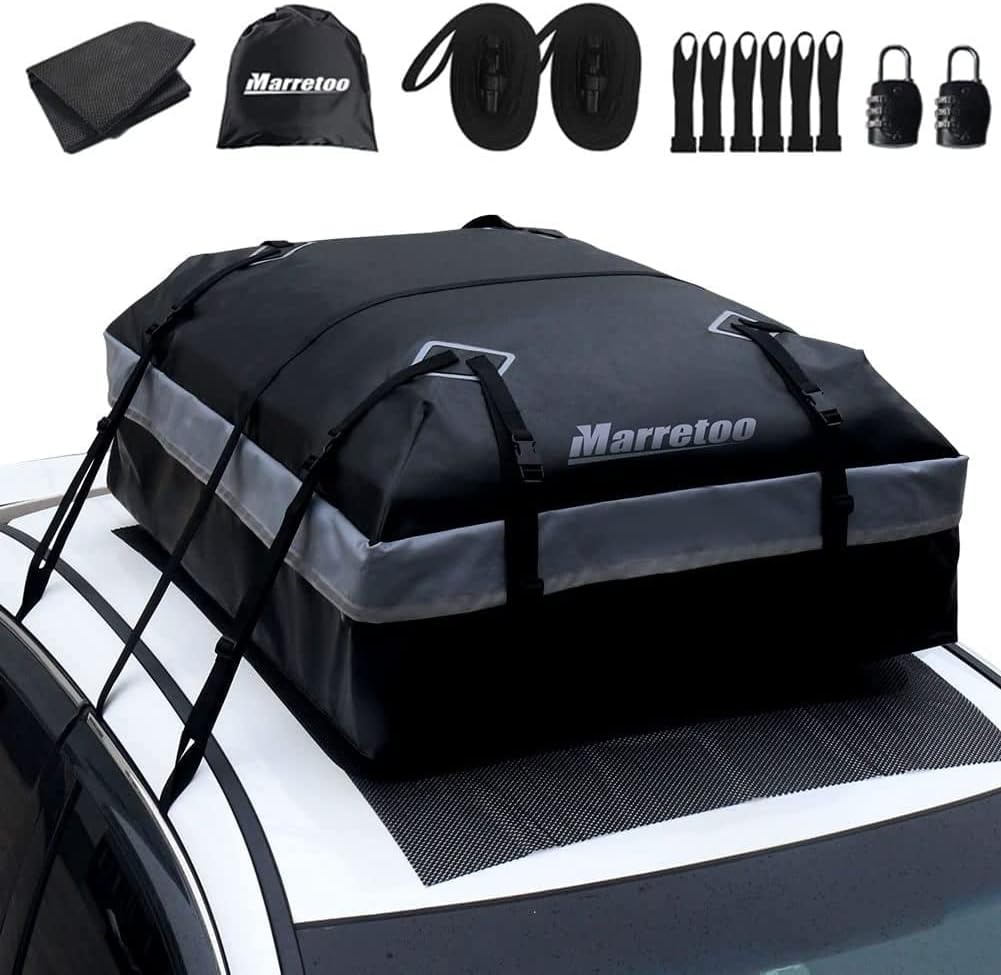 Marretoo Autodakkoffer, 6 kubieke meter grote dakgepäckrattaschen, waterdicht, zacht, dakgepäckoordingsbox voor elke auto, met dakdrager/sporen/stangen, inclusief antislipmat