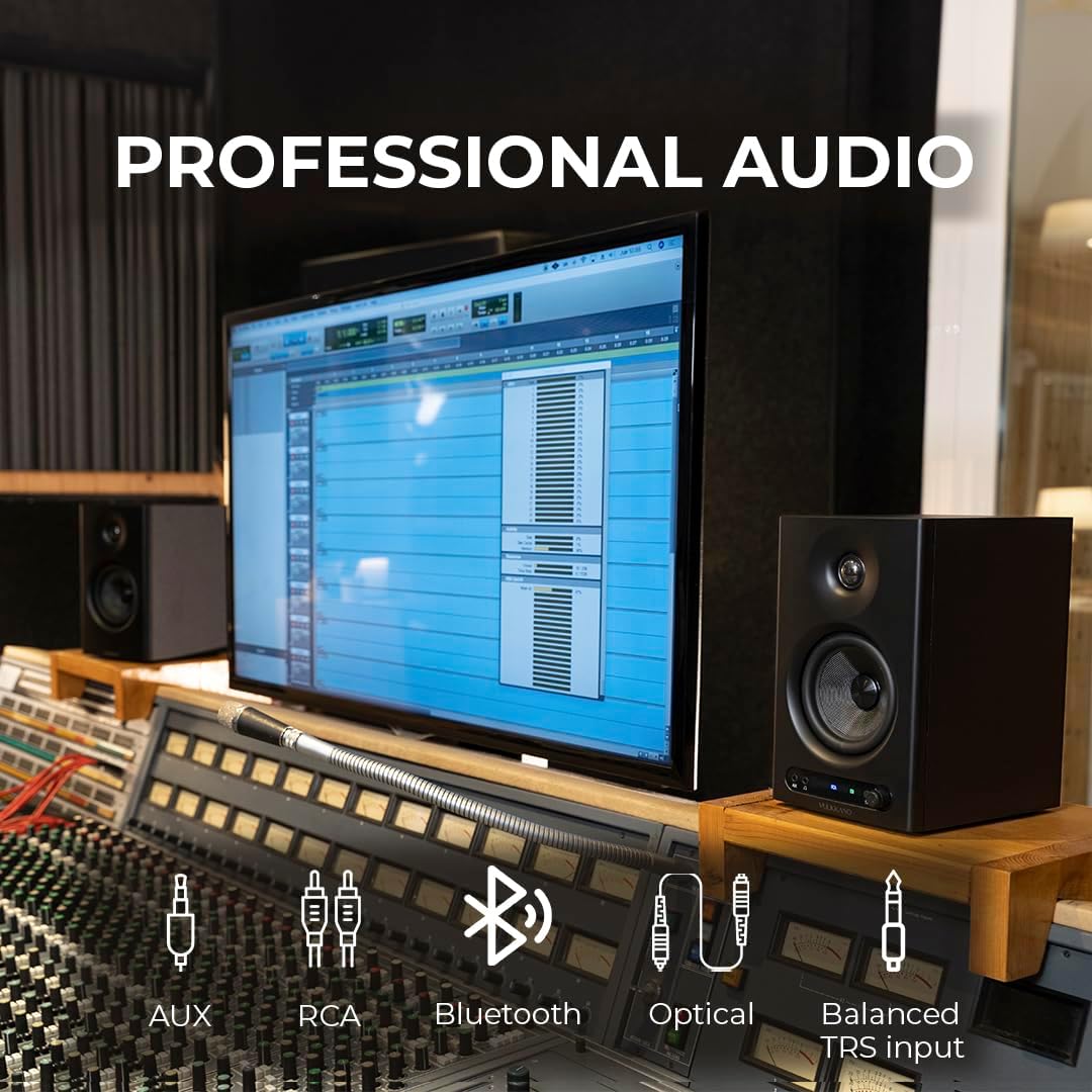 VULKKANO PRO4 Studio monitoren met 4 inch Woofer, Bluetooth, symmetrische TRS-ingang, RCA, hoofdtelefoonuitgang, AUX, optisch, EQ-instellingen, luidspreker voor monitor