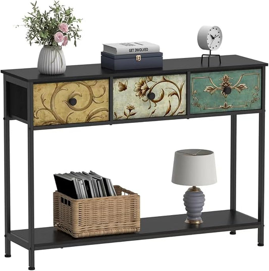 VEDECASA - Console table with 3 fabric drawers, entrance table with open shelves, entrance table, living room, bedroom, wood with metal frame, easy assembly - QUORE