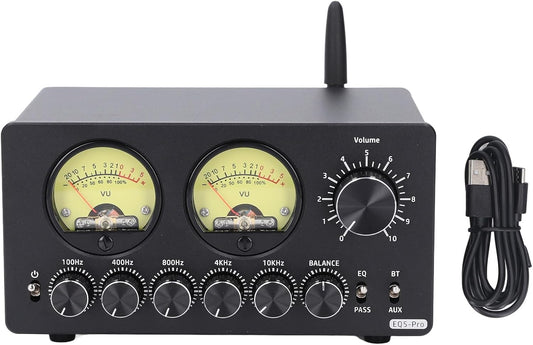 Fafeicy Audio 5 Band Equalizer, 5,0 EQ Voorversterker Gelijkmaker met Vintage VU -meter voor Thuisstereo, Computerluidsprekers, Versterkers
