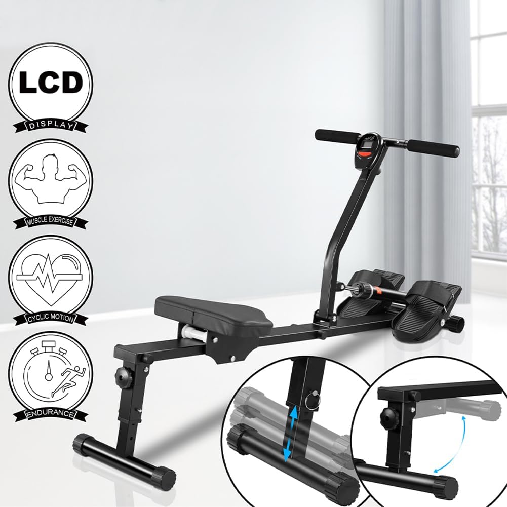 BAKAJI Rowing machine, foldable, space-saving and quiet, training device for indoor use, with LCD display and 12 resistance levels, gym, fitness, cardio (foldable rowing machine - QUORE