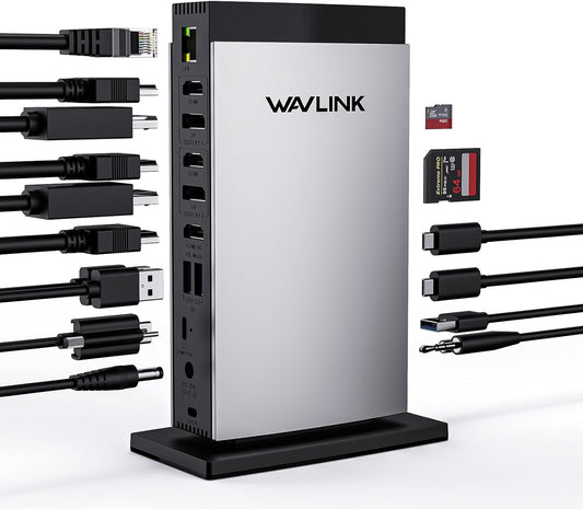 WAVLINK USB C laptop dockingstation met 3 HDMI, DisplayLink drievoudige monitor 4K60Hz, 15 in 1 drievoudige weergave voor M1 M2 M3 M4 Mac en Windows, 5 USB-poorten, 2DP, Audio/Mic, SD/TF, (geen laptop