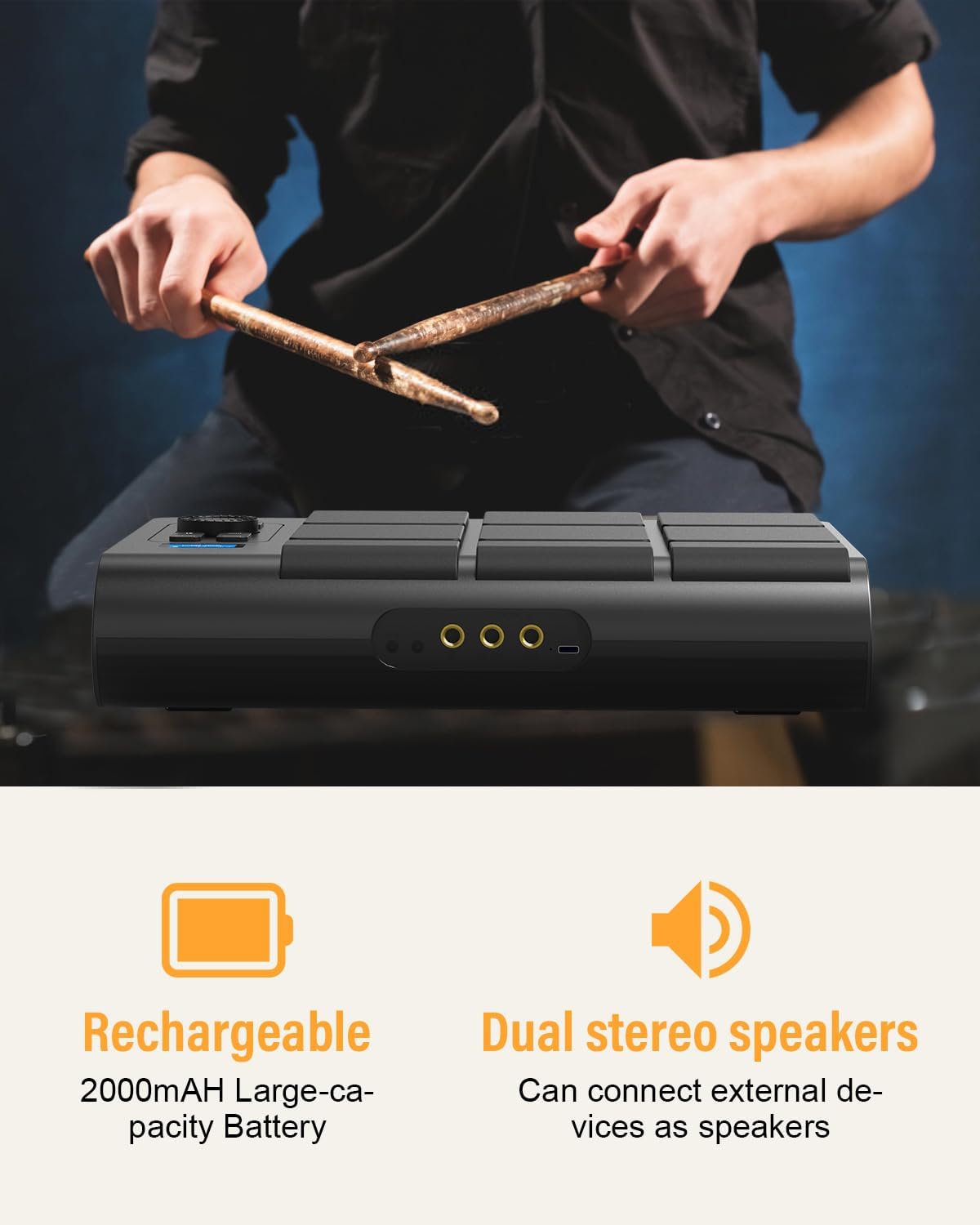 9-pads elektronische drum met LCD, dubbele stereoluidsprekers en pedalen | Draagbaar tafeldrumset voor beginners en professionals | Bluetooth MIDI-compatibel | Ideaal voor thuis, studio en