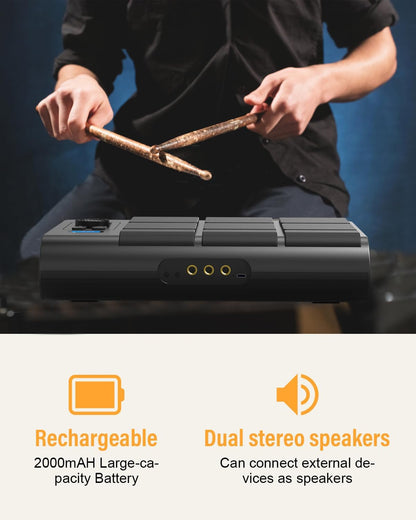 Draagbaar elektrisch drumstel met 9 pads met LCD-scherm, dubbele stereoluidsprekers en pedalen - digitale drumset voor beginners/professionals, compatibel met pc/Mac, thuistraining en live
