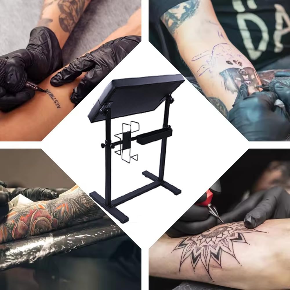 Professionele verstelbare tattoo-armsteun – hoogte 66-98 cm, 340° draaibare tafel (60 x 40 cm) met PU-lederen bekleding, stabiele ijzeren basis en accessoirevak voor studio en tattoo-kunstenaars