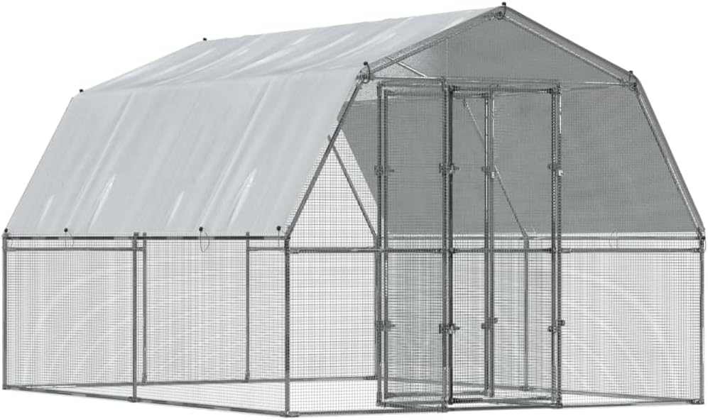 Chicken Cage with Roof and Door Silver Galvanized Steel,Walk In Chicken Run Galvanized Chicken Coop Chicken Coop Chicken Coop Cage Rabbit Hutch Pet Playpen Backyard With Water Resistant Cover