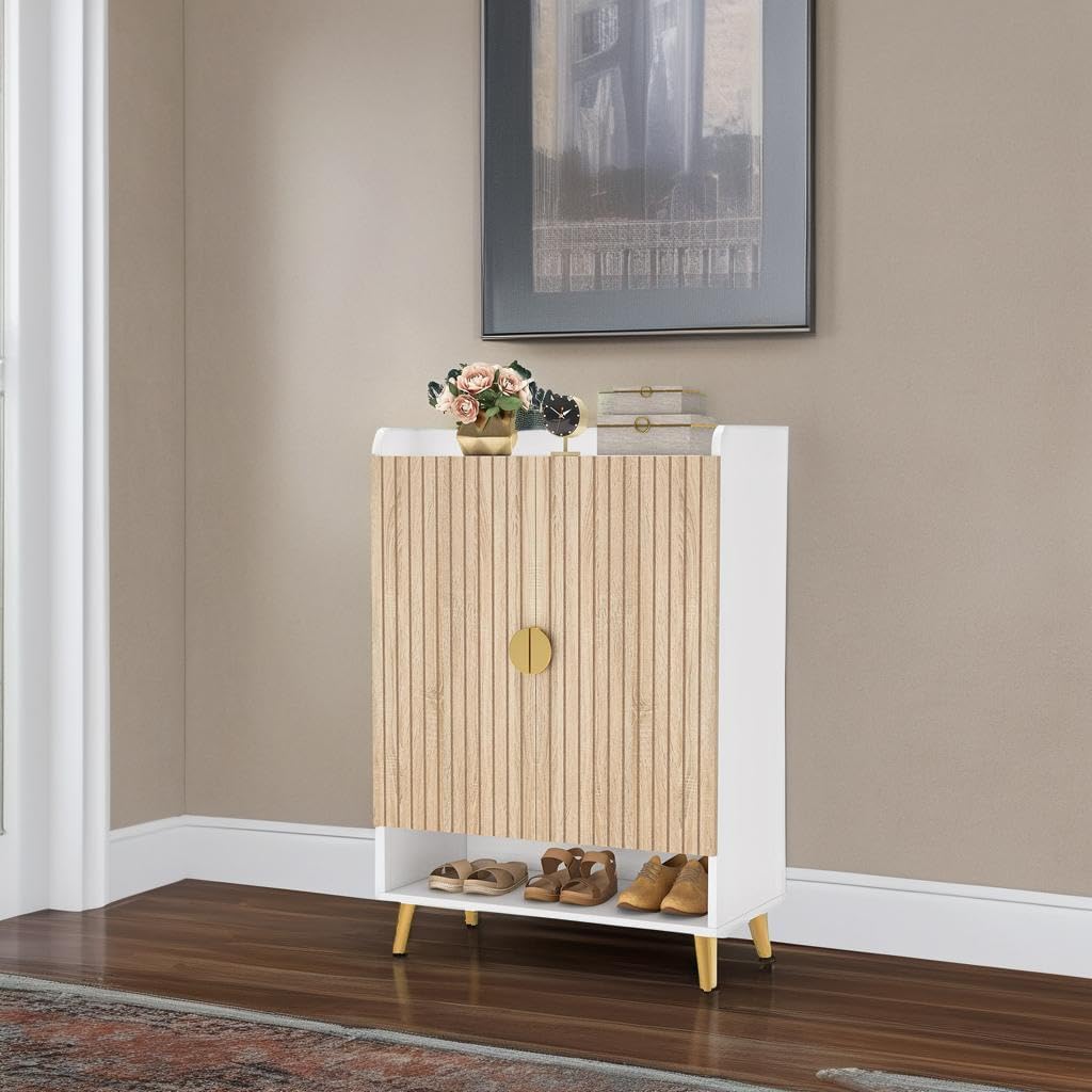 Tribesigns Shoe Cabinet with Doors, 7 Tier Shoe Storage Cabinet with Adjustable Shelves, Wooden Shoe Rack, Shoe Storage for Entrance, Hallway, Closet, Living Room, Wood and Gold