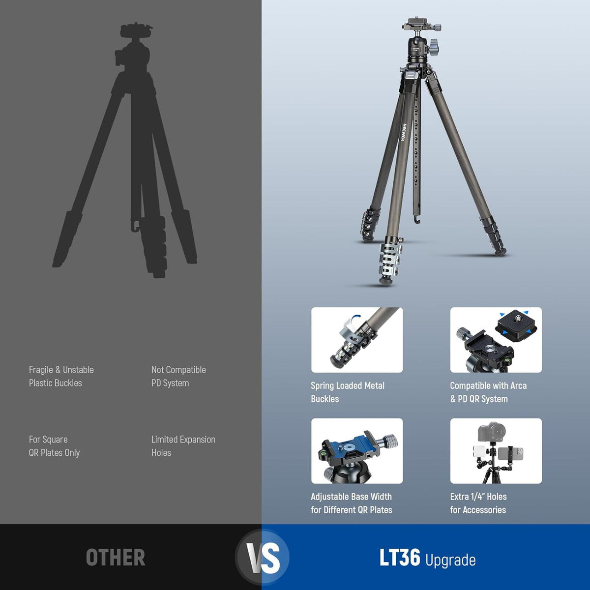 NEEWER 60 inch reisstatief koolstofvezel met afneembare 360° kogelkop, lichtgewicht videocamerastandaard met metalen snelklapgesp, Arca type QR-plaat compatibel met Peak Design Capture V3, LT36