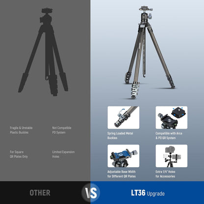 NEEWER 60 inch reisstatief koolstofvezel met afneembare 360° kogelkop, lichtgewicht videocamerastandaard met metalen snelklapgesp, Arca type QR-plaat compatibel met Peak Design Capture V3, LT36