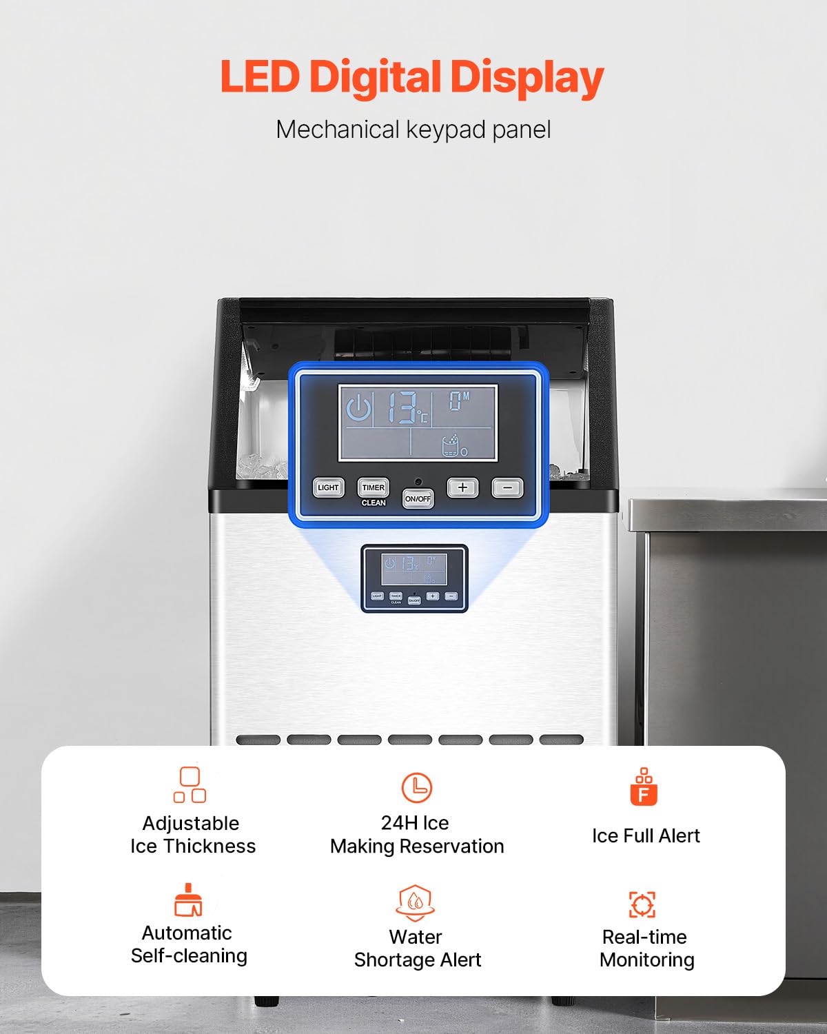 VEVOR Commerciële ijsmachine, 24 uur, 45 ijsblokjes in 15 minuten, vrijstaande ijsmachine met 13 lbs grote opslagcapaciteit voor bar, kantoor, restaurant
