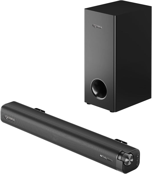 Soundbar voor TV 120W met Dolby Atmos, 2.1CH Surround Sound, TV Soundbar met Bedrade Subwoofer, 3D Home Cinema Geluid, 4 EQ Modi