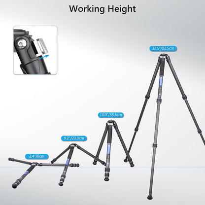 Koolstofvezel Statief – Camerastatief – Fotostatief – Reisstatief – Videostatief – 32,5 Inch / 82,5 Cm – Lichtgewicht Koolstofvezel – Verstelbare Pootstanden