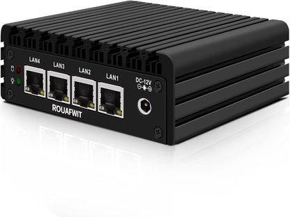 Micro Firewall Appliance, Fanless Mini PC J3710 4C/4T, 4x 2.5 GbE i226-V LAN,AES-NI,DDR3 8GB SSD 128GB Router Netzwerk Security USB3.0/HD/DP/Console RJ45 Port/Wi-Fi, Dual Display
