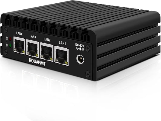Micro Firewall Appliance, Fanless Mini PC J3710 4C/4T, 4x 2.5 GbE i226-V LAN,AES-NI,DDR3 8GB SSD 128GB Router Netzwerk Security USB3.0/HD/DP/Console RJ45 Port/Wi-Fi, Dual Display