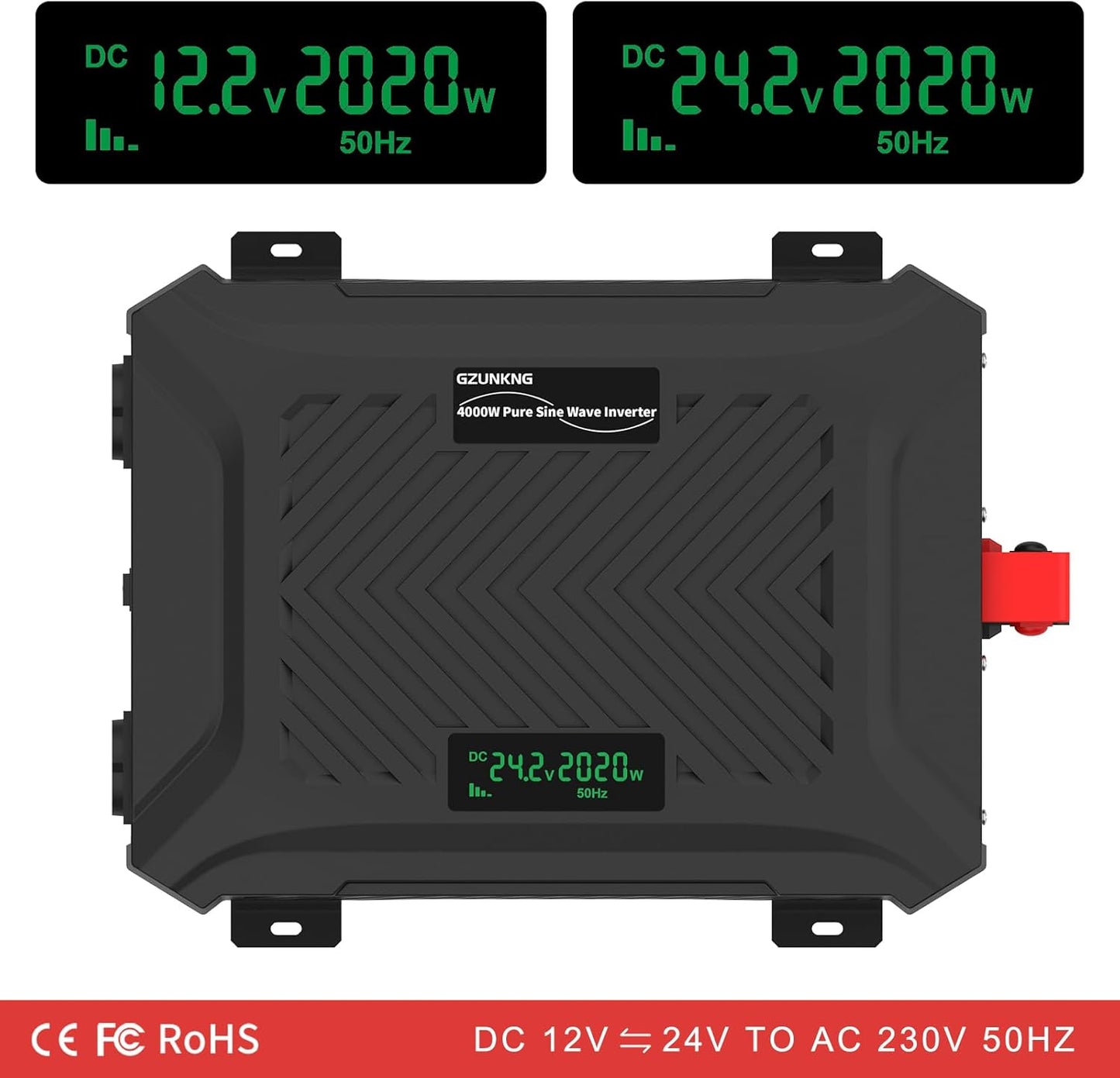 Omvormer 12V/24V Naar 230V – Spanningsomvormer – Zuivere Sinus Omvormer – Inverter – DC Naar AC Omvormer – Automatische 12V/24V Detectie – 2000W Continu, 4000W Piekvermogen